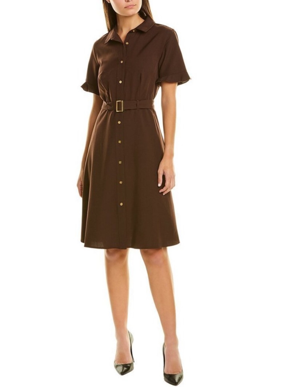 Sharagano Belted Shirt Dress in Brown